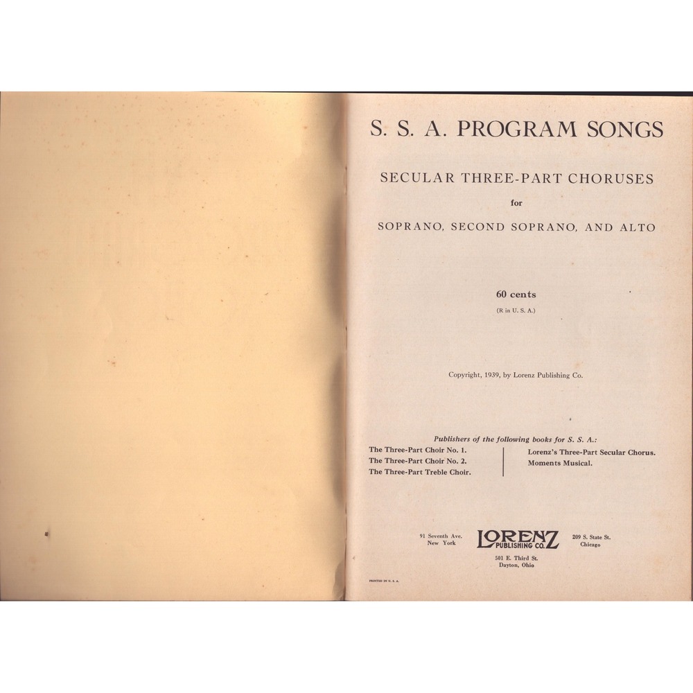 Vintage 1939 SSA Program Songs Secular Three-Part Choruses Lorenz Publishing Co - Picture 3 of 3